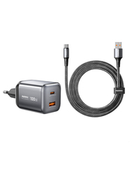 Мережевий зарядний пристрій Remax CA-15 EU GaN 100W з двома портами USB-A та Type-C і кабелем USB-A to Type-C 120W
